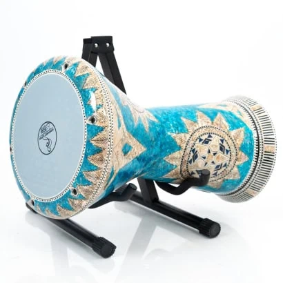 Darbuka by Gawharet El Fan with baby blue color and white skin